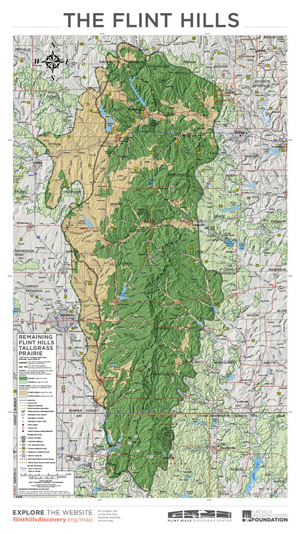 A map of the Flint Hills with areas of remaining tallgrass prairie